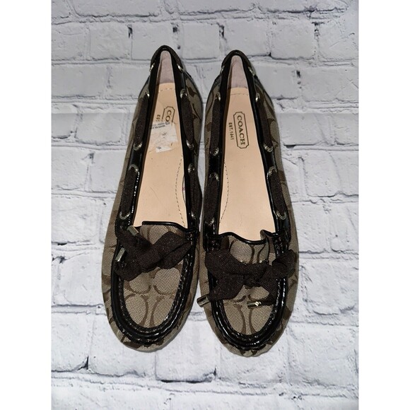 Coach Shoes - Coach Sz 6.5B Carisa Boat Shoe Brown Jacquard Fabric Bow Accent Slip Ons